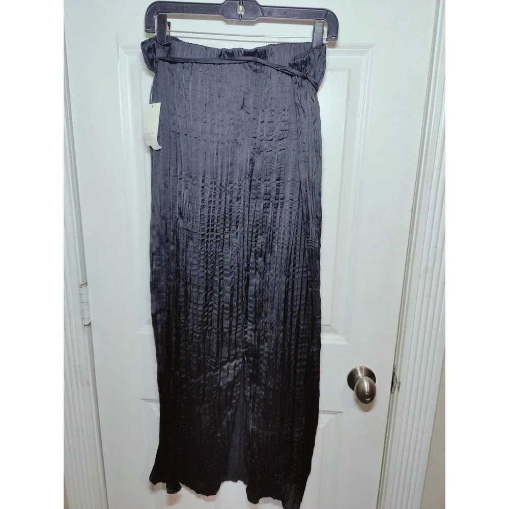 A New‎ Day Black Crinkled Textured Satin Pull-On Maxi Skirt With Waist Tie L NWT